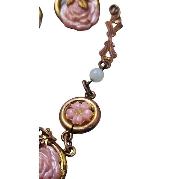 Antique Unusual Carved Glass/Stone Flower Bracelet Set w/ Brass Detailing A2974 - Picture 3 of 5